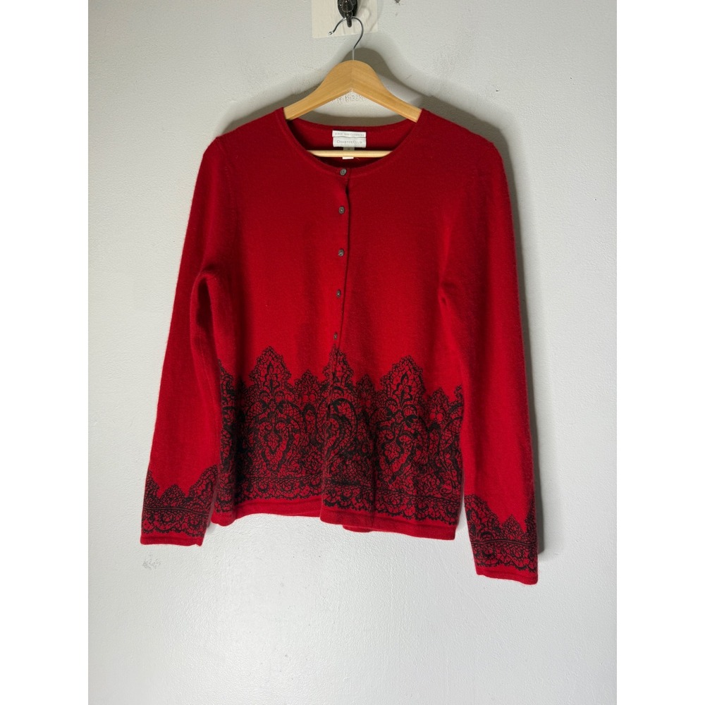 Charter Club Women Red 100% Cashmere Cardigan Sweater Black Lace Print Medium